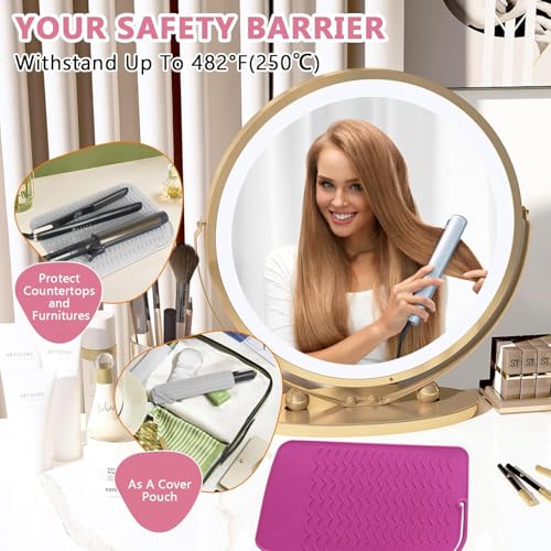 Silicone Heat Resistant Mat, Curling Iron Holder, Portable Travel Mat Cover for Curling Irons, Flat Irons, Hair Straightener and Hot Hair Styling Tools, Vanity Accessories for Women Rose red
