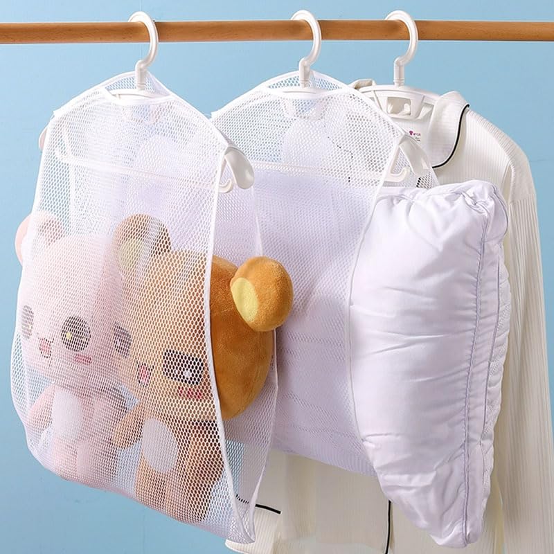 Pillows Drying Rack, Folded Double Layer Mesh Net Bags for Rectangle Square Pillow Cushion Clothes Shoes, Heavy-Duty Hanger Organizer for Outdoor Indoor Dryer, White