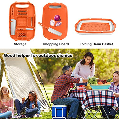 Camping Cutting Board, HI NINGER Collapsible Chopping Board with Colander, 9-In-1 Multi Kitchen Vegetable Washing Basket,Camping Gifts Accessories for RV Campers - color: Orange