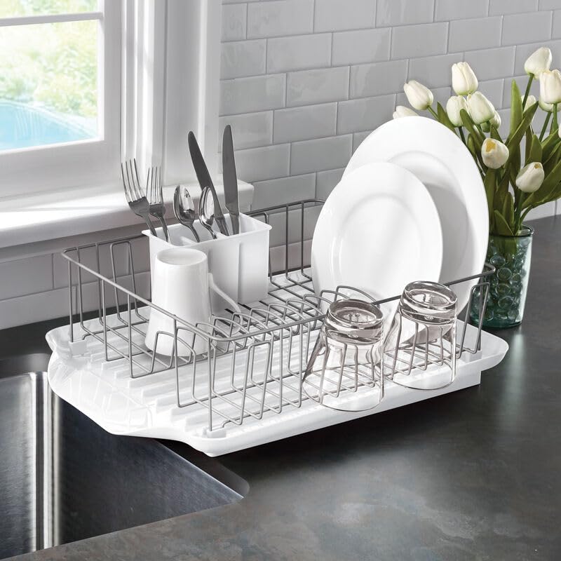 Farberware Classic Large Rust Resistant Full Dishrack with Removable 3 Compartment Flatware Caddy, Andlged Drain Board, 3-Piece, White - color: White