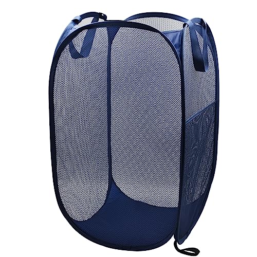 HONOMA Sturdy Mesh Laundry Hamper Basket Bag,Pop up Basket with Side Pocket for Laundry Room, Bathroom, Kids Room, College Dorm or Travel (Pop Vertical, Navy Blue) - color: Navy Blue, size: Pop Vertical