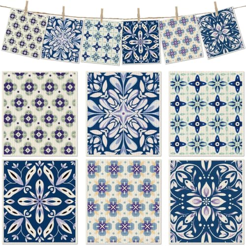 6 Pcs Swedish Paper Cloths for Kitchen, Reusable Paper Towels Washable - color: Blue Ornamentation