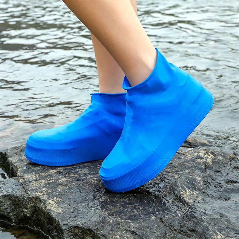 Waterproof Reusable Silicone Shoe Covers, Elastic Non-Slip Overshoes for Rain Mud Travel Commuting Outdoor Protection - color: Blue
