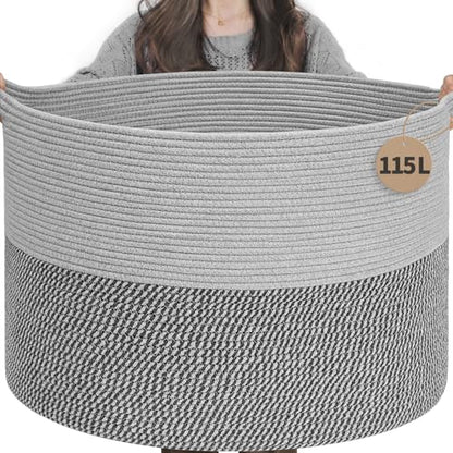 INDRESSME 115L Extra Large Woven Rope Blanket Basket Living Room, Grey - color: Light & Dark Grey, size: 23.6"D x 15.7"H
