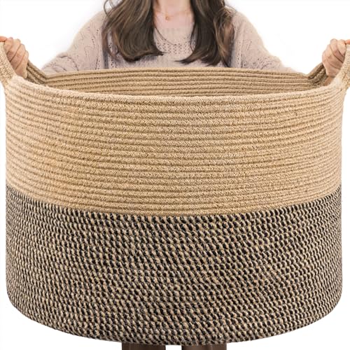 INDRESSME XXXLarge Woven Wicker Blanket Basket Living Room Black Jute, 90L - color: Black & Jute, size: 21.7"D x 13.8"H