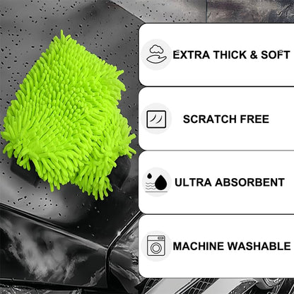 Car Wash Mitt(5.9In × 7.08In), Scratch-Free Double-Sided Wash Brush, Microfiber Wet & Dry Soft Plush Gloves for Cleaning Cars and Home, Car Cleaning Accessories, Machine Washable, Green