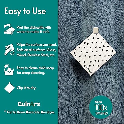 Eulnars Reusable Paper Towels, 8-Pack Swedish Dishcloths for Kitchen with 3 Clips, Black White, Cotton, 200 Washes - color: Black White