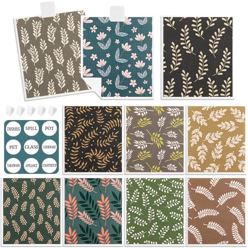 Lucomb 10 Pack Swedish Dishcloths Reusable- Cellulose Cotton Swedish Dish Towels Washable Kitchen Cloths with Hanging Clips, Reusable Paper Towels No Odor for Cleaning Dishes Home Decorative - color: Leaves Prints