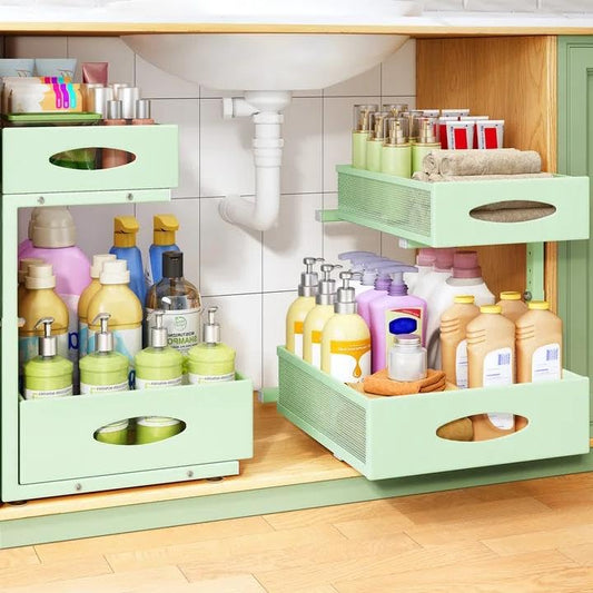 Under Sink Organizer, 1-Pack Pull Out Cabinet Organizer 2 Tier Metal Slide Out Storage Shelf Rack, L-Shaped Adjustable Height,Mesh Sliding Drawer for Kitchen, Bathroom, Laundry, Pantry, Green, XL - color: Green, size: 1-Pack