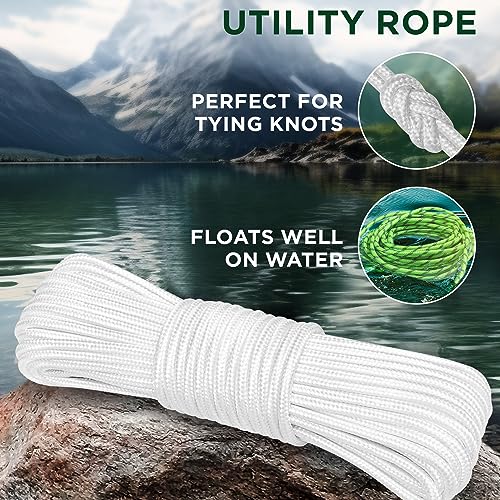 TECEUM Clothes Line & Flag Pole Rope – 1/4” & 3/8” – 90 FT | 150 FT – White - size: 1/4" - 90 FT (27.5M)