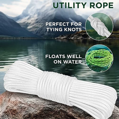 TECEUM Clothes Line & Flag Pole Rope – 1/4” & 3/8” – 90 FT | 150 FT – White - size: 1/4" - 90 FT (27.5M)