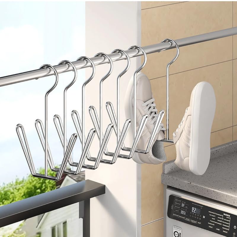 10 Pack Stainless Steel Shoe Drying Rack with Hooks, Multi-Function Hanging Shoe Holder for Shoes and Insoles, Balcony Laundry Shoe Hanger for Home and Outdoor Drying