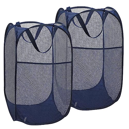 2 Pack Pop Up Laundry Hampers, Collapsible Mesh Laundry Basket, Foldable Clothes Hampers for Bathroom, College Dorm, Travel (Navy Blue) - color: Navy Blue