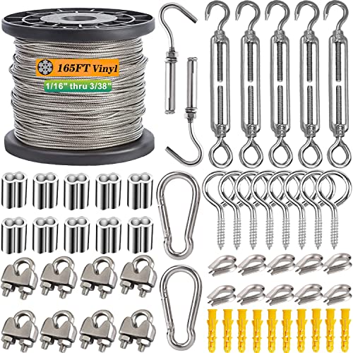 Roxanned 1/16" Wire Rope Kit, 165ft 304 Stainless Steel Cable 7x7 Strand Core, Vinyl Coated Aircraft Cable with Turnbuckle | Easy Install for Outdoor String Lights Hanging, Garden, Craft & Support - size: 165 feet