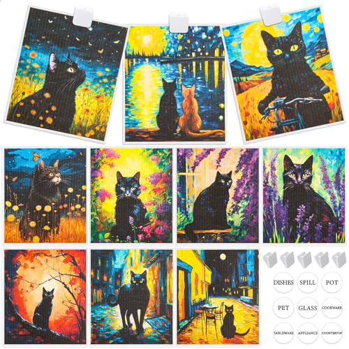 Lucomb 10 Pack Swedish Dishcloth Cellulose Sponge Cloths Bulk, Reusable Absorbent Kitchen Towels Dish Cloths Set Quick Drying Washable for Dishes Counters - color: 10 Pack-black Cats+ Clips