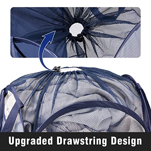TECHMILLY Collapsible Mesh Pop Up Laundry Hamper with Sturdy Handles and Side Pocket - Portable Foldable Clothes Baskets for Dorm, Bathroom & Travel Storage (with Drawstring, Blue) - color: Blue (Drawstring), size: 1 Pack
