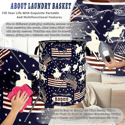 Western Cowboy Laundry Basket Oxford Cloth Foldable Hamper 18.9x16.5 Inch - color: Western Cowboy With American Flag