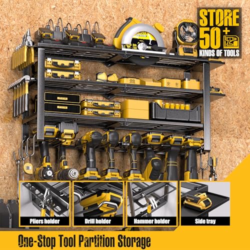 Spampur 420LB Capacity Power Tool Organizer with Charging Station & 6 Outlets | Quick Assembly 4-Layer Heavy Duty Rack for Drills & Batteries | Ultimate Garage Storage & Christmas Gift for Men - size: 4 shelves 8 slots (single) with power strip