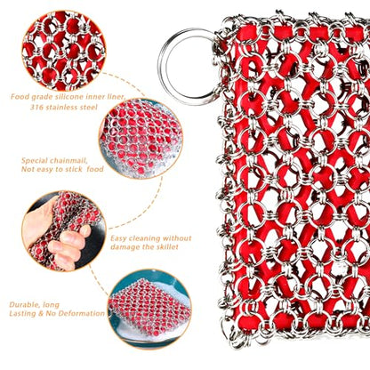 TEZZ Cast Iron Scrubber, Skillet Chainmail Scrubber for Cast Iron Pan - Chain Mail Scrubber Cast Iron Sponge - Metal Scrubber Cast Iron Skillet Cleaner, Wok, Frying Pans, Dutch Oven Cleaning Scrubber