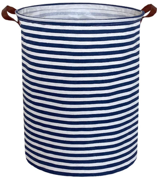 ESSME Laundry Hamper,Blue laundry basket,Collapsible with Waterproof PE Coating,Canvas Fabric Nursery Hamper for Room Decor,(Navy Blue stripes) - color: Navy Blue stripes
