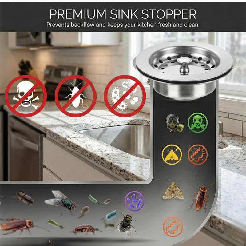Gadgetime USA Premium Kitchen Sink Drain Strainer & Stopper Set – Dual-Function Stainless Steel Basket with Rubber Seal, Fits 3-1/2 Inch Standard Drains, Pack of 2