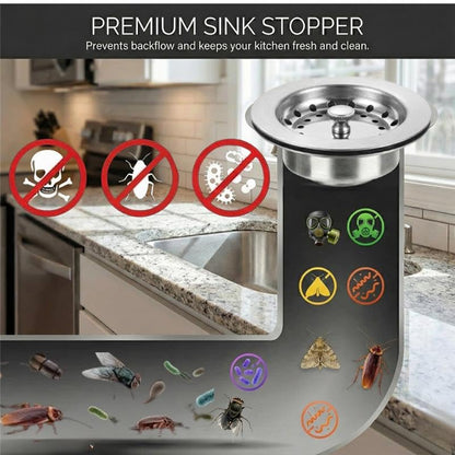 Gadgetime USA Premium Kitchen Sink Drain Strainer & Stopper Set – Dual-Function Stainless Steel Basket with Rubber Seal, Fits 3-1/2 Inch Standard Drains, Pack of 2