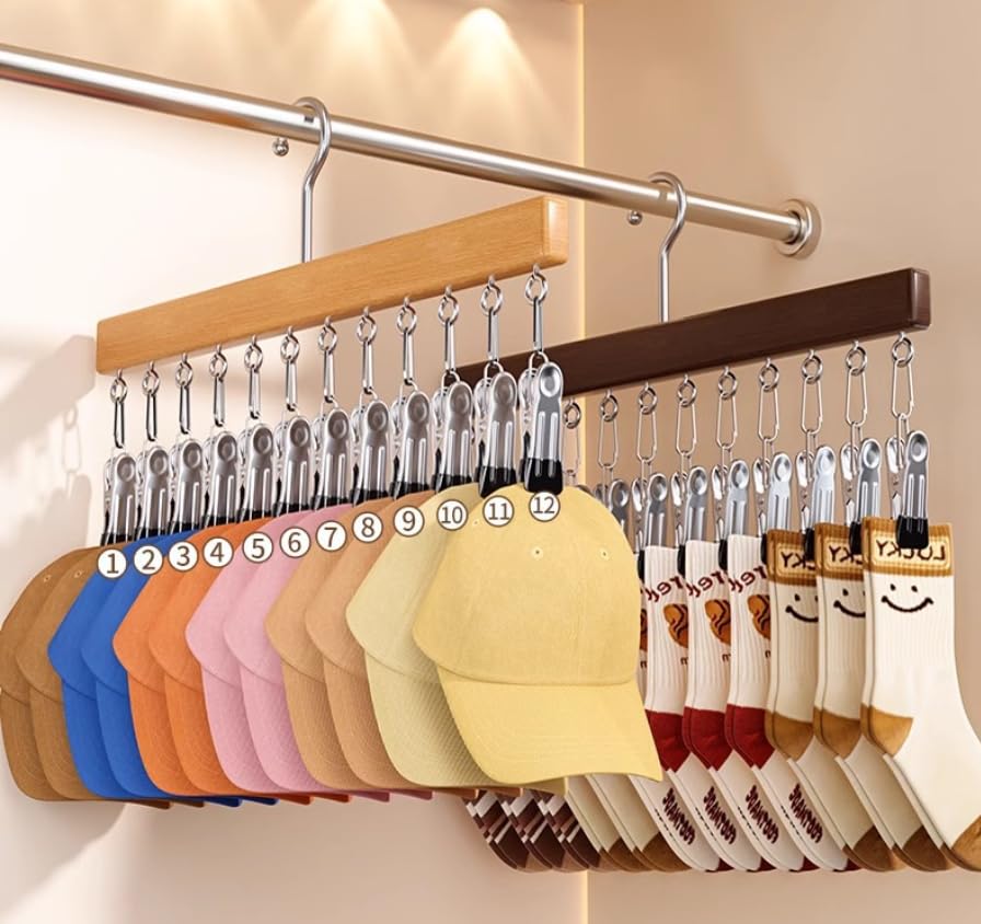 Multi‑Clip Hanger with 12 Anti‑Slip Metal Clips Wood Colour - color: Wood Colour