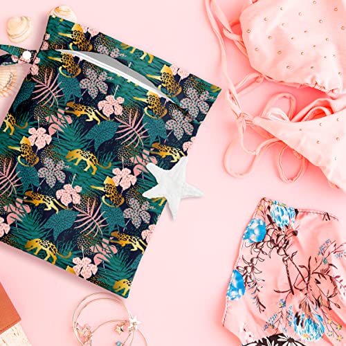 Wet Dry Bag, Wet Bag for Swimsuit, Travel, Beach, Pool, Diapers, Dirty Gym Clothes, Makeup Bag, Camping Accessories, Waterproof Reusable Jungle Tropical Leaves Cheetah Print - color: pink and green