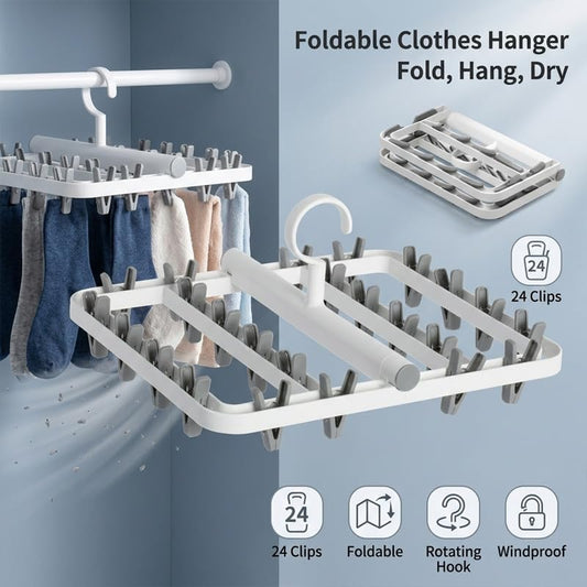 1 Space Saving Collapsible Drying Hanger 24 Clip Windproof Swivel Hook Multi Function Laundry Rack for Socks Underwear Towels Gray