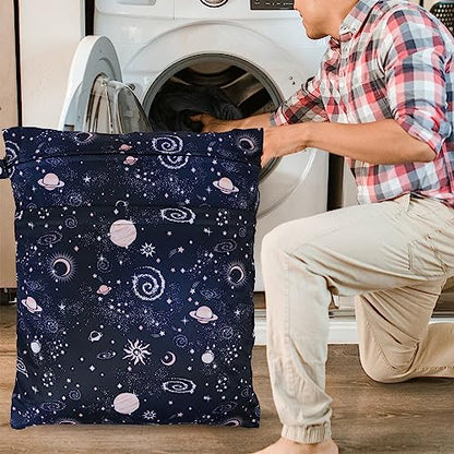 2pcs Travel Waterproof Laundry Bag, Cloth Diaper Wet Dry Bags with Handle & 2 Zipper Pockets, Reusable Washable Dirty Clothes Bag for Baby Adult Travelling Hanging, Bathing Beach Pool Daycare - color: Galaxy