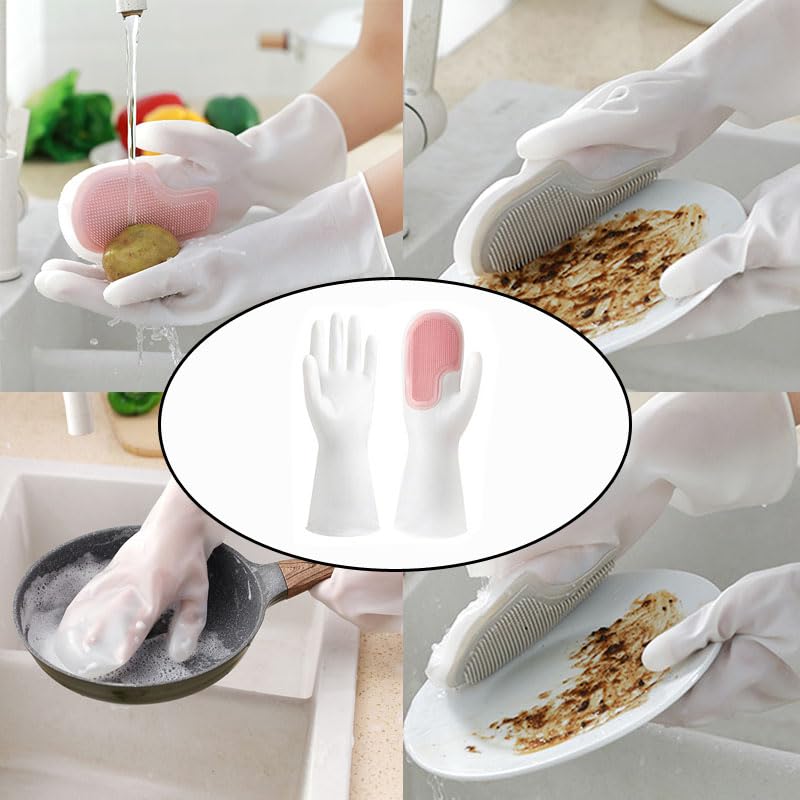 2 Pair Dishwashing Gloves with Scrubbing Bristles Dishes Washing Glove Brush Scrapper for Household Cleaning Kitchen Bathroom Car Garden