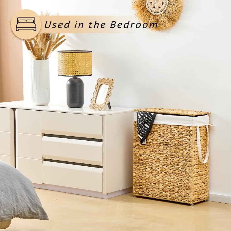 Slim Laundry Hamper with Lid, Handwoven Natural Water Hyacinth Basket - color: Natural, size: 75L