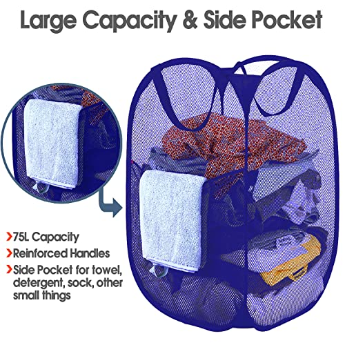BATTOO Deluxe Strong Mesh Pop up Laundry Hamper Basket with Side Pocket Foldable Hamper for Laundry Room, Bathroom, Kids Room, College Dorm or Travel Royal Blue - color: Royal blue
