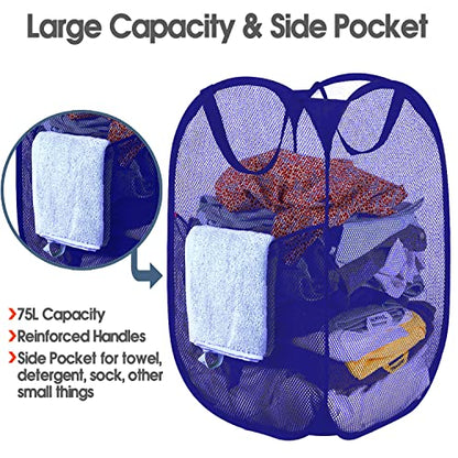 BATTOO Deluxe Strong Mesh Pop up Laundry Hamper Basket with Side Pocket Foldable Hamper for Laundry Room, Bathroom, Kids Room, College Dorm or Travel Royal Blue - color: Royal blue