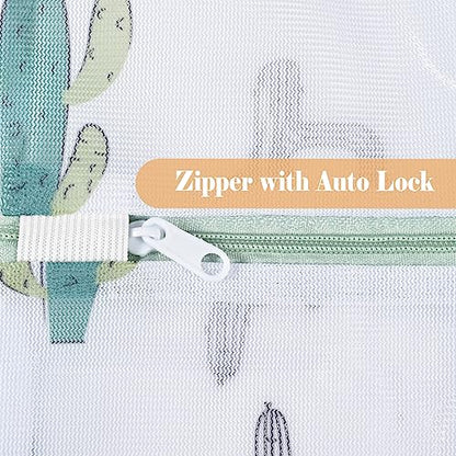 Durable Mesh Zipper Laundry Bags Machine Wash, 5-Piece Cactus Print - color: Cactus