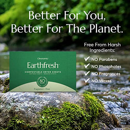 Cleanomic Earthfresh Fabric Softener Sheets Dryer Sheets, Softens & Removes Static Cling, Vegan Laundry Softener With Essential Oils -Fragrance Free