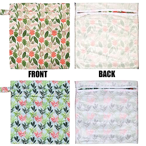 2pcs Travel Waterproof Laundry Bag, Cloth Diaper Wet Dry Bags with Handle & 2 Zipper Pockets, Reusable Washable Dirty Clothes Bag for Baby Adult Travelling Hanging, Bathing Beach Pool Daycare - color: Flowers & Plants