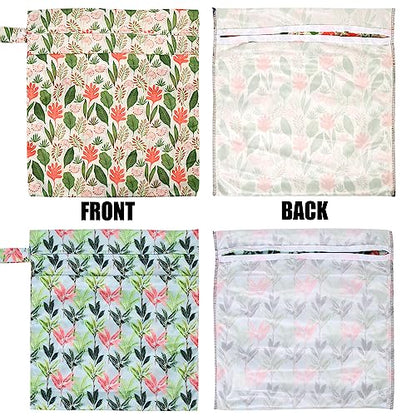 2pcs Travel Waterproof Laundry Bag, Cloth Diaper Wet Dry Bags with Handle & 2 Zipper Pockets, Reusable Washable Dirty Clothes Bag for Baby Adult Travelling Hanging, Bathing Beach Pool Daycare - color: Flowers & Plants