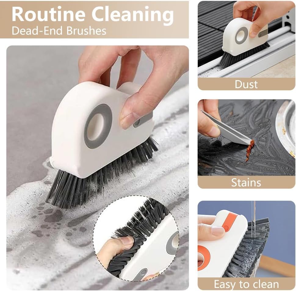 2-in-1 Groove Cleaning Brush with Hard Bristle and Hidden Scraper, Multifunction Crevice Tool for Window Track, Sliding Door, Gray