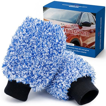 TAKAVU Car Wash Mitt, 2 Pack Microfiber, Scratch-Free (Blue) - color: Blue & White