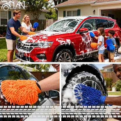 Raeyuan 3-Pack Car Wash Mitt, Premium Chenille Microfiber Wash Glove for Auto Detailing, Scratch Free & Lint Free Cleaning Kit with Elastic Cuff, Color Coded System (Blue, Orange, Green)
