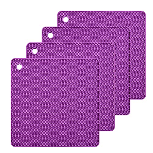 Silicone Trivets Mats, Hot Pads for Pot Holder, Square Trivets for Dishes, Pots and Pans, Multi-Purpose Kitchen Counter Pads, Non-Slip Heat Resistant Mats Set 4 Purple - color: B09: Square-purple