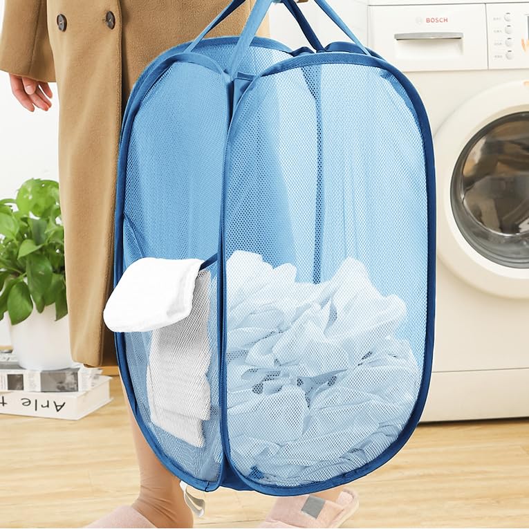 Mesh Pop Up Laundry Hamper, Collapsible Laundry Baskets, Foldable Dirty Clothes Hampers for Bathroom, College Dorm, Travel (Ash Blue) - color: Ash Blue - 1pcs