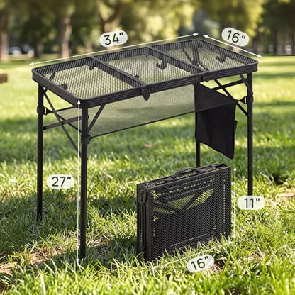 Folding Grill Table, 34"x16" Portable Camping Table with Storage Pocket, Heat Resistant & Waterproof Outdoor Picnic Table, Sturdy Lightweight for Travel Cooking BBQ, Camping, Backyard - size: 34"L x 16"W x 27"H