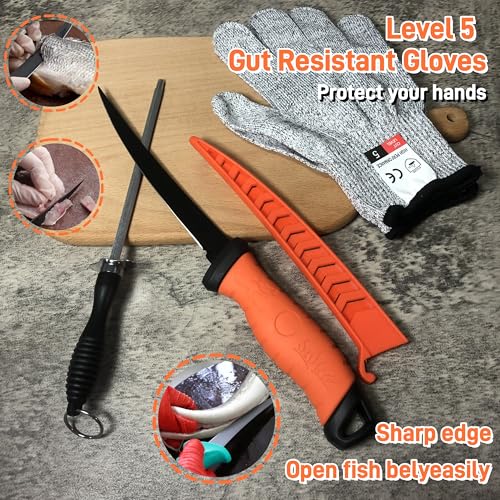 Fishing Knife Set, Fish Cleaning Kit, Filet Knife for Fish, Fish Scale Cleaning Brush, Multi-Functional Scissors, Gloves, Fishbone Tweezers, Storage Bag,Fishing Accessories,Fishing Tool Kit - size: 7PCS-Orange