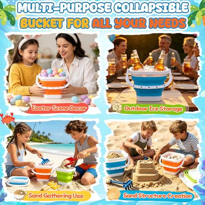 Umnodobn Collapsible Beach Bucket with Metal Shovels Set, Beach Toys Gifts for Adults, ABS Foldable Pails for Pool, Camping, Easter Party, Fishing, Summer Winter Activities 6PCS