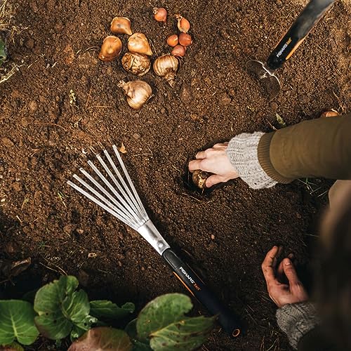 Fiskars Xact Hand Rake, Heavy Duty Gardening Hand Tool with Ergonomic Handle and Hanging Hole for Storage, Stainless Steel Head and Tines, Perfect for Maintaining a Raised Garden Bed (Pack of 4) - size: Rake (Pack of 4)