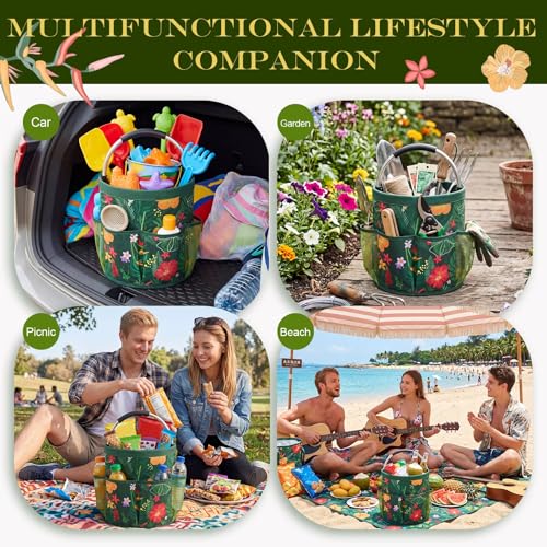 Bucket Tool Organizer, 6 Pockets Garden Bucket Caddy Foldable Buckets Caddy Organizer Fit 3.5 to 5 Gallon Buckets, Portable Gardening Tool Bag with Handle for Cleaning Home Garden(Green Leaves) - style: Green Leaves