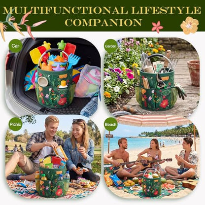 Bucket Tool Organizer, 6 Pockets Garden Bucket Caddy Foldable Buckets Caddy Organizer Fit 3.5 to 5 Gallon Buckets, Portable Gardening Tool Bag with Handle for Cleaning Home Garden(Green Leaves) - style: Green Leaves