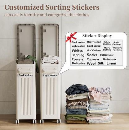 Slim Laundry Hamper with Lid 50L Rolling Basket - color: Milky, size: 50L